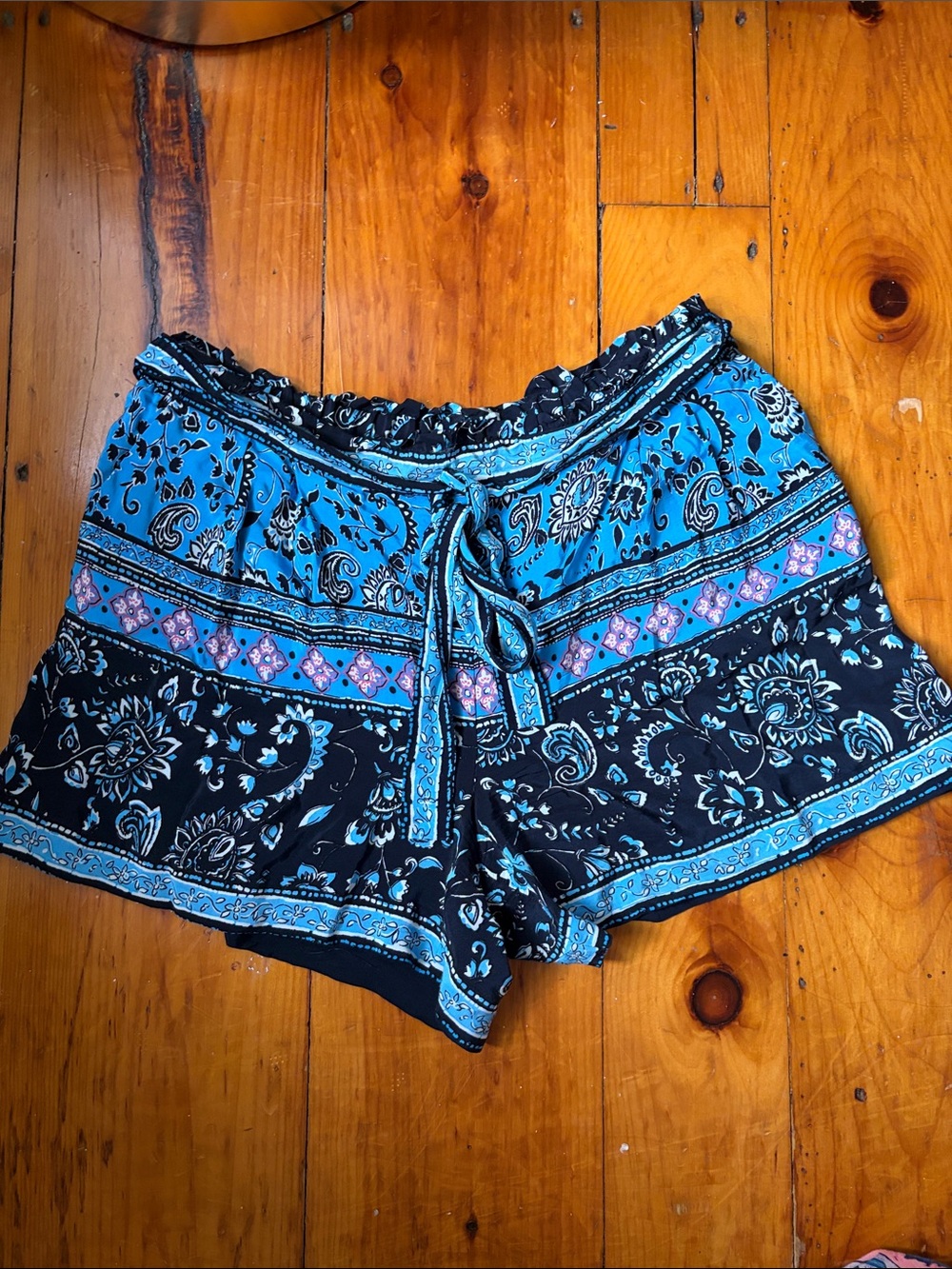 Loft Boho Blue Paisley High-Waist Tie-Front Shorts
